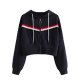 Women Long Sleeve Striped Contrast Tape Zip Up Crop Drawstring Hooded Jacket Outwear Dark Navy Small