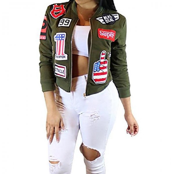 Women's Sexy Patchwork Short Pilot Bomber Zipper Jacket Coat Army Green