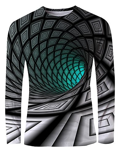 Men's Graphic Optical Illusion T-Shirt Print Long Sleeve Daily Tops Basic Elegant Round Neck Green