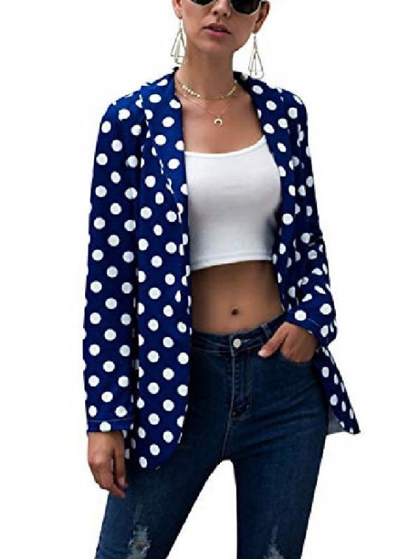 Womens Long Sleeve Open Front Lapel Cardigan Jacket Polka Dot Printed Outwear Dark Blue